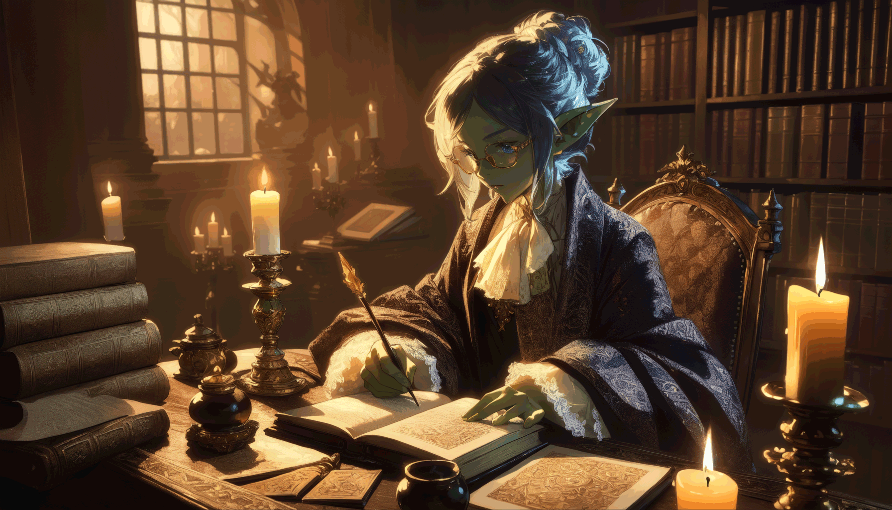 goblin woman wearing glasses sitting at desk in study with pen/inkwell and open book, surrounded by books, paper, and candles